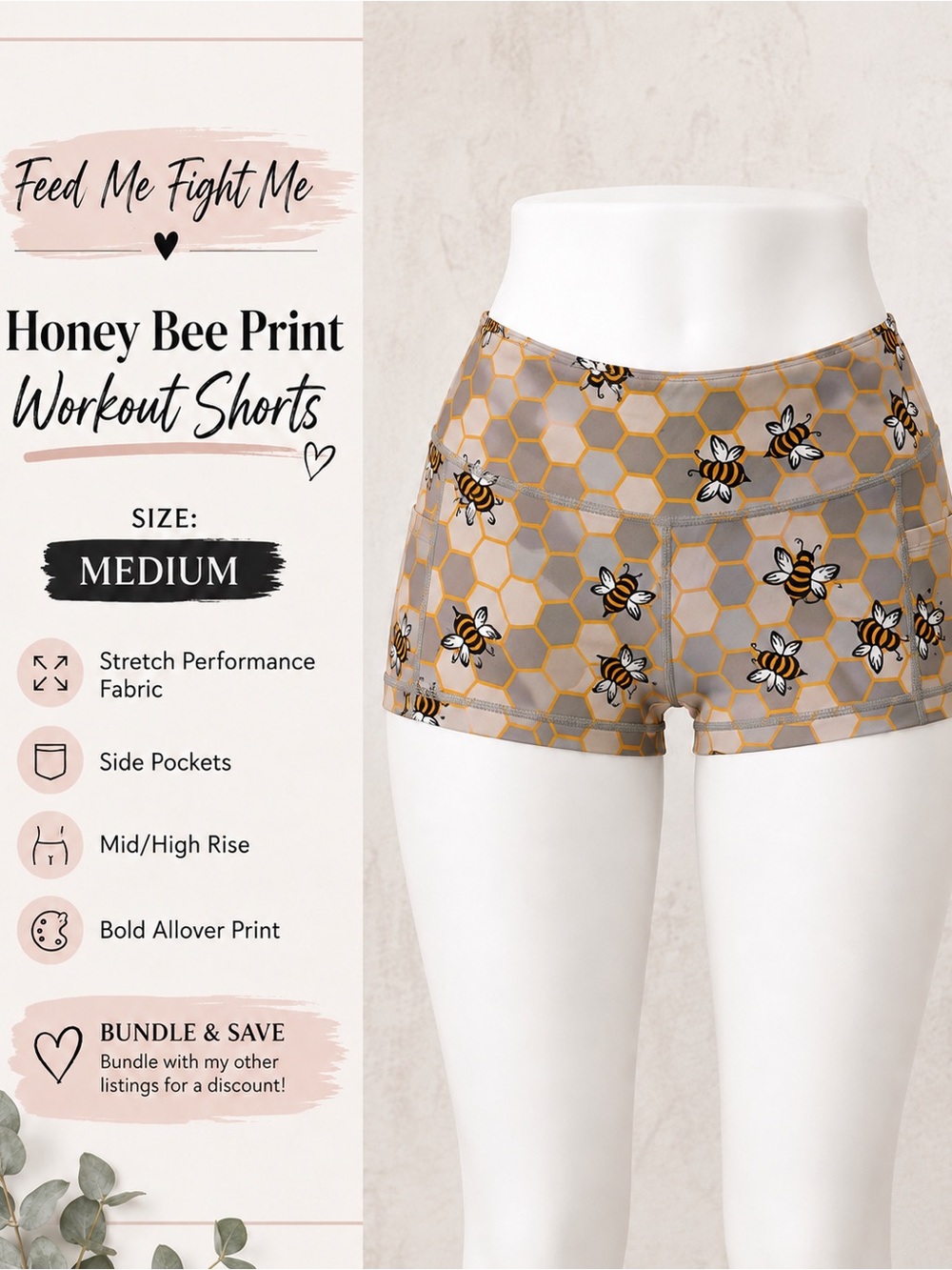 Feed Me Fight Me Honey Bee Print Workout Shorts - Medium - Gray/Gold fmfm